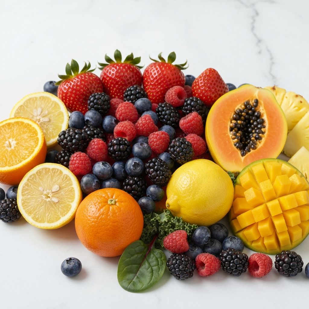 Colorful fresh fruits and greens